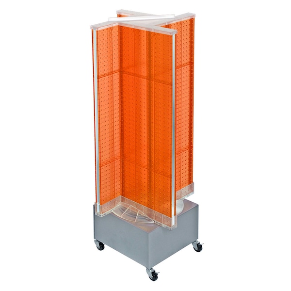 Pinwheel Pegboard Floor Display on Revolving Wheeled Base. Spinner Rack Stand.